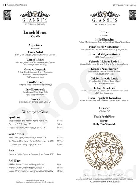 gianni's versace mansion menu|Versace mansion lunch menu.